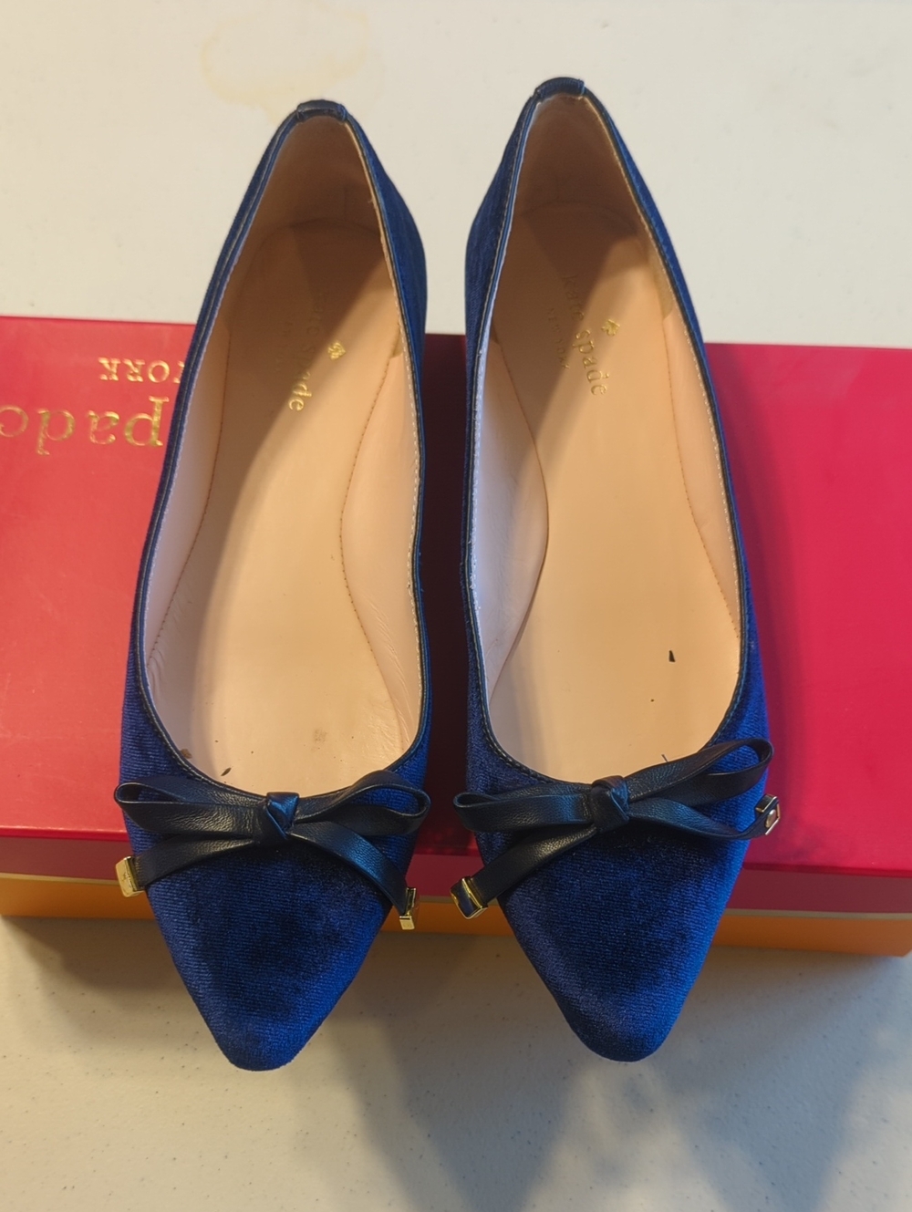 kate spade Royal Blue Velvet Pointed-Toe Flats with Bow
